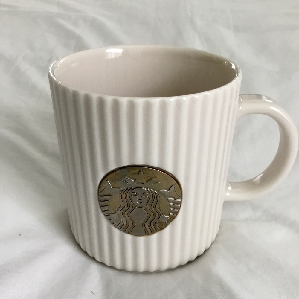 Starbucks Cream Ribbed Ceramic Mug with Gold Siren Medallion